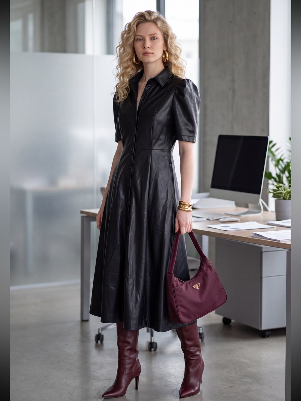 Faux leather midi shirt dress puff sleeves Full length button down